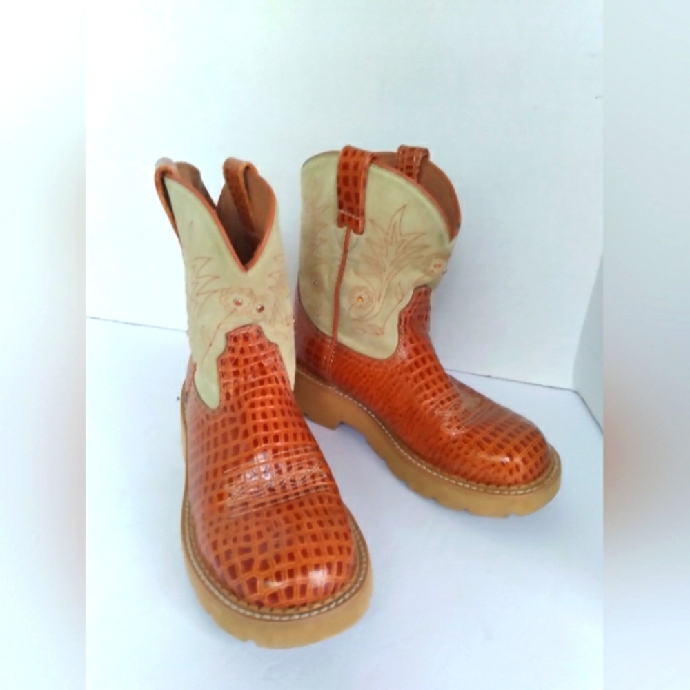 Cowboy Boots Western Style Faux Alligator‎ Embossed Leather Lug Sole